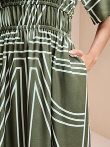 Chiquease Women Olive Green Satin Geometric Print V-Neck Maxi Dress,Summer Elegant Tea Party Bohemian Scarf Pattern Ruched Waist Batwing Sleeve Vacation Outfits - Green - View 7