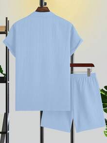 Manfinity Homme Nam Chất rắn Nút Lên Áo sơ mi & Eo dây rút Quần short - Màu xanh lam - Xem 2