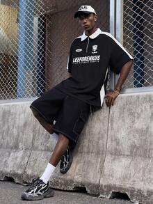 EVRINFINITE Men's Summer Zipper Half Placket Short Sleeve Casual & Commuting Polo Shirt With Letter Print - Black - View 6