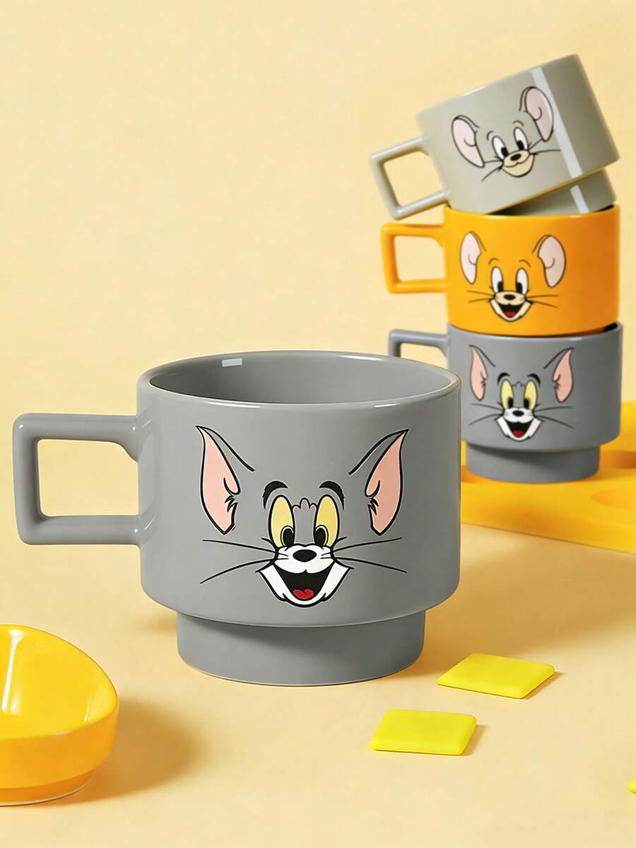 TOM & JERRY X SHEIN 1 chiếc cốc in hình hoạt hình, dung tích 375ml, có thể xếp chồng lên nhau, chịu được nhiệt và lạnh, có thể dùng trong lò vi sóng và máy rửa chén, thích hợp đựng nước, sữa, nước ép, cà phê. - Xám - Xem 1