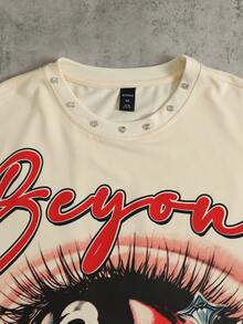 ROMWE MEN Street Life Men's Rhinestone Print Loose Short T-Shirt - Apricot - View 2