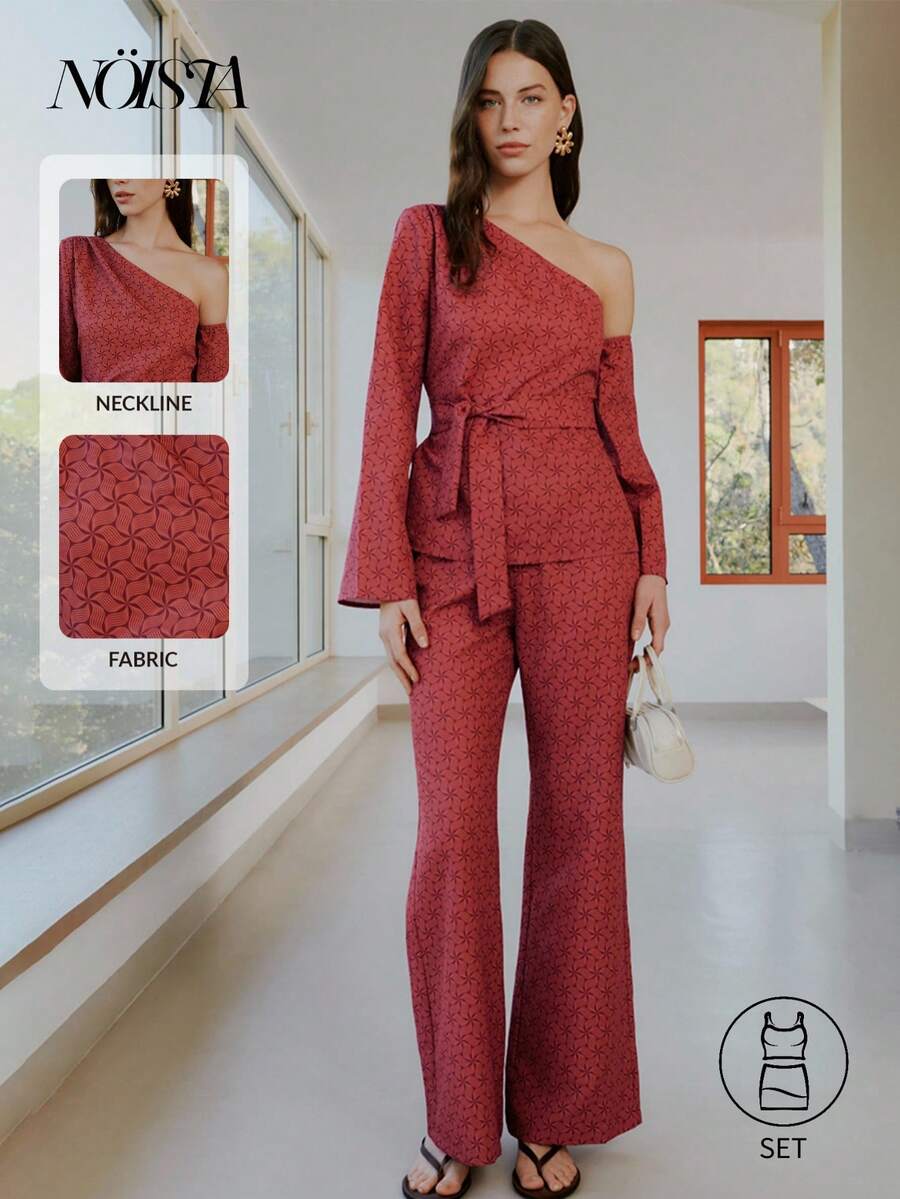 Nöista Conjunto de dos piezas, top asimétrico de un solo hombro con manga larga y pantalones acampanados de cintura alta a juego, todo en tela de satén jacquard. Primavera, verano, evento formal, look diario, Pascua, coordinado, conjunto de dos piezas. Invitado de boda. - Óxido marrón - Ver 1