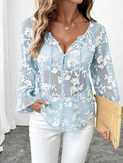 Silhoulove 1 Pack Women's New Pale Blue Lace Long Sleeve Blouse, With Delicate Apricot Floral Print, V-Neck Design, Pearl Button Closure, Flared Cuff Sleeves, Elegant Style Suitable For Casual, Vacation, Commute, Office, Everyday Wear, Soft & Comfortable Woven Fabric, Machine Washable