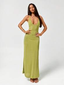 SHEIN ICON Đầm dài hở lưng đính đá xuyên thấu gợi cảm dành cho phụ nữ - Màu xanh chanh - Xem 4