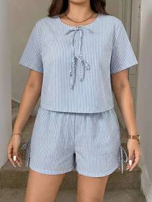 SHEIN LUNE Plus Size Summer Casual Striped Drawstring Top And Shorts 2 Pieces Set Women Sets Outfit Vacation For S Co Ord - Blue and White - View 4