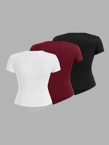 SHEIN Essnce Women's Plus Size Round Neck Side Slit Ruched 3 PiecesT-Shirt Set - Multicolor - View 2