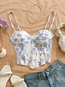 Camiseta de malla con estampado floral vintage romántico para mujer, adecuada para vacaciones, citas, té de la tarde, festivales de música, estilo bohemio - Púrpura malva - Ver 5