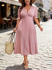 SHEIN Elenzya 深V领+泡泡袖，饰有荷叶边，复古格纹印花收腰大码连衣裙 - 粉色 - 查看 3