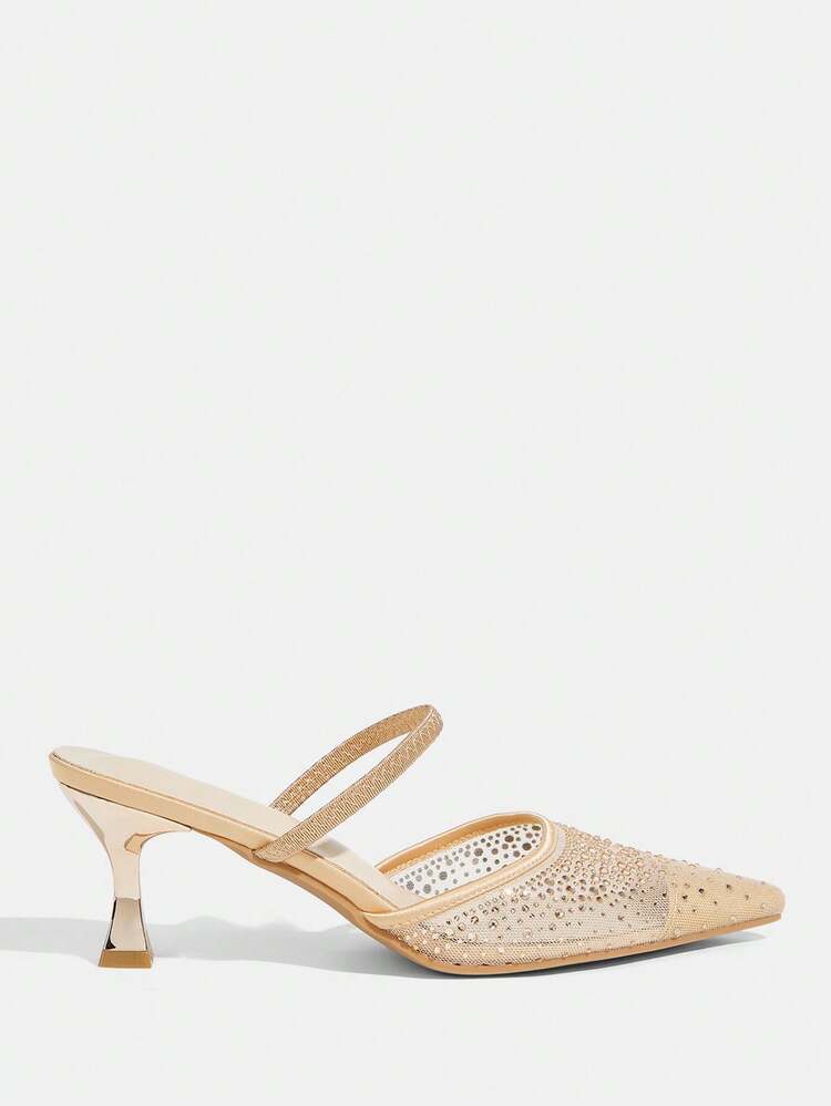 CUCCOO TILAWA Women Shoes Women's Fashion Pointed Rhinestone Champagne Mesh Splicing Fashion Party Dinner Gorgeous Sexy Kitten Heel Women's High Heel Shoes Mule Shoes