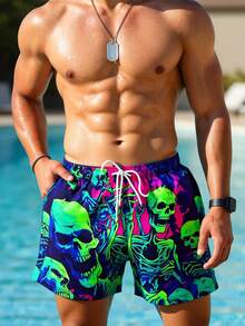 Manfinity Swimmode 男士骷髅印花抽绳腰带口袋沙滩短裤 - 綠色 - 查看 1