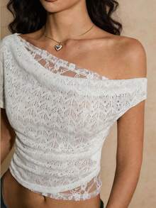 Poéselle 白色露肩蕾丝修身上衣，单肩短袖衬衫，性感外出露脐T恤，春夏柔美街头风，女士休闲纯色蕾丝拼接不对称领露脐T恤，夏季，法式上衣，2026新款透视上衣性感白色上衣白色蕾丝上衣牛仔上衣白色网纱上衣露肩露脐上衣蕾丝白色上衣牛仔上衣蕾丝露脐上衣白色露脐上衣女士休闲装女士夏季装 - 白色 - 查看 5