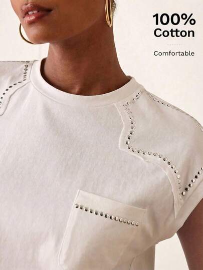 Lilora Damen elegantes Rundhals-Baumwoll-T-Shirt mit Strass-Verzierung