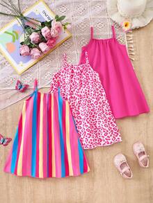 3pcs/Set Young Girls Summer Dress,Magenta Leopard,Striped & Solid Pink Sleeveless Straight Dresses, - Multicolor - View 2
