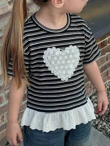 DAZY Tween Girls Round Neck Knit Striped Contrast Lace Trim Short Sleeve T-Shirt, Fall Summer - Black and White - View 2