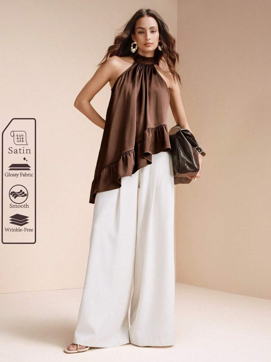 Arave 女士宽松立领无袖不对称荷叶边下摆休闲通勤上衣 - 咖啡棕 - 查看 1