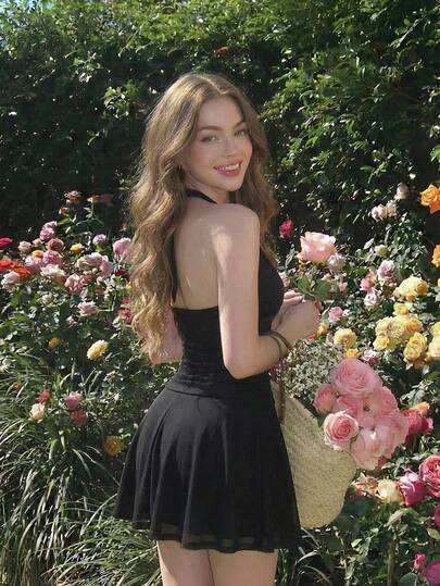 SHEIN MOD Women's Solid Color Draped Neck Sleeveless Fashionable Mini Dress For Summer, Summer Dress, Party Dress, Beach Dress, Wedding Guest Dress, Graduation Dress, Elegant Dress, Vacation Dresses, Y2K Dress, French Style Dress, Western Style, Vintage, Boho, Luxury Evening Dresses, Music Festival Outfits, Country Outfits, Going Out, Cottagecore Dress, Romantic, Birthday Outfits, Women's Black Halter Neck Mini Dress With O-Ring Detail Flowy Skirt