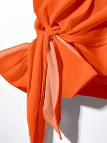 SHEIN Clasi 两件套女士休闲橙色蝴蝶结衬衫和宽松直筒几何印花裤，适合春夏穿着 - 彩色 - 查看 5