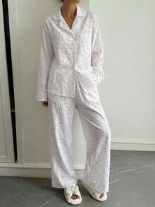 Women's Polka Dot Long Sleeve Single-Breasted Pocket Top And Pants Pajama Set - White - View 3