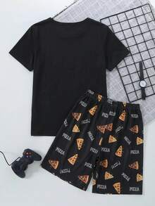 2pcs/Set Teenage Boys' Fashion Pizza Print Black Top And Shorts Pajama Set, Comfortable Milk Silk Fabric - Black - View 2