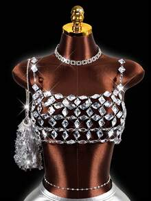 Mistrie Women's Rhinestone Sequin Camisole White Silver Sparkle Summer Techno Party Club Pool Rave Spaghetti Strap Bikini Tank Top Music Festival Y2K Sexy - Silver - View 8