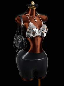 Mistrie Women's Sequin Tassel Camisole, Black, Summer, Techno, Rave Spaghetti Strap Bikini, Rhinestone Embellished Tank Top, Y2K Sexy Beach Pool Party Golf - Silver - View 4