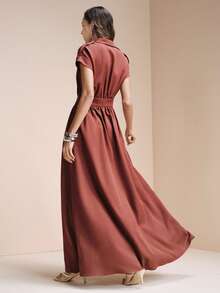 SHEIN 女士斜纹布衬衫领连帽长款休闲连衣裙，收腰设计，双拉链款式 - 鏽棕色 - 查看 4