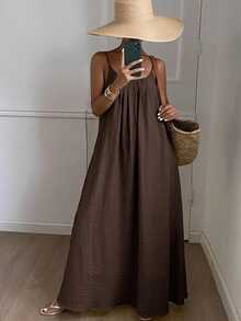 DAZY New Summer Beach Holiday Loose Backless Spaghetti Strap Dress - Brown - View 5