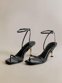 Hauture Ladies' Fashionable Black Paten Ankle Strap Buckle Square Toe Party Spring Summer Heeled Sandals For Christmas - Black - View 3