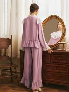 Côtesoire Bộ đồ ngủ nữ sang trọng, thanh lịch kiểu cung điện cổ điển, quyến rũ, chất liệu lưới thêu ren phối màu tương phản, viền bèo nhún. - Bụi hồng - Xem 2