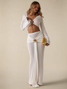 SHEIN BAE Bộ đồ 2 món dành cho nữ đi nghỉ mát biển: Áo croptop và chân váy ngắn. - trắng - Xem 4