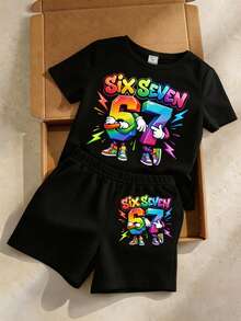 SHEIN Frühlings- und Sommer-Casual-Mode für junge Jungs, kreative personalisierte erfrischende minimalistische bunte Farbverlauf Nummer 67 Blitz Grafik, bunte Buchstaben Slogan Muster, Casual Basic Kurzarm T-Shirt und Shorts Set, bequeme Alltagskleidung, gemütliche Sommerstile geeignet für Frühling und Sommer Jungs - Schwarz - Übersicht 4