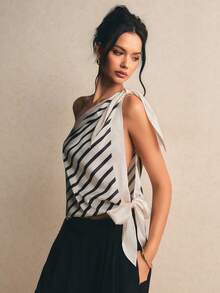 Poéselle Women's Fashionable Striped Tie Shoulder Blouse, Summer - Black and White - View 5