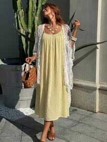 DAZY 2pcs Set Women Lace Cami Sleep Dress And Robe Pajama Set, Loose Fit, Fall Winter Clothes - Yellow - View 2