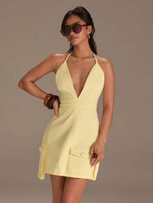 Athîral Đầm denim ngắn màu vàng nhiều túi, dây mảnh, thích hợp cho nữ đi nghỉ mát, mùa xuân/hè. - Màu vàng ngỗng - Xem 3