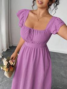 Elenzga Đầm nữ cỡ lớn cổ vuông, tay bồng xếp lớp, thắt nơ trước sau, kiểu dáng thanh lịch, ôm eo, thường ngày. - Màu tím - Xem 7
