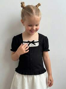 Dazy Kids Tween Girls' Crew Neck Short Sleeve Knit T-Shirt, Summer,Back To School Clothes - Black - View 2