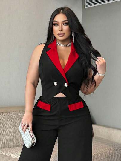 NU&NOW Áo blazer nữ cỡ lớn thanh lịch màu đen trắng tương phản, cổ áo hai hàng khuy, vạt áo bất đối xứng, kiểu dáng công sở thường ngày, bộ sưu tập Xuân/Hè mới.