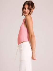 MUSERA Straight Neckline Sleeveless Ribbed Tank Bodysuit Fitted Casual Capsule Wardrobe Basic Everyday Winter Fall Party Spring Summer Elegant - Pink - View 4