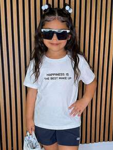 Dazy Kids Young Girls Casual Slogan Print Round Neck Short Sleeve T-Shirt, Versatile Summer - White - View 3