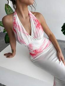 RiviMae 优雅修身鱼尾V领褶裥网纱印花连衣裙，春夏款 - 彩色 - 查看 5