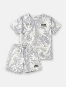 SUMWON Set coordinato estivo casual da ragazzo composto da maglietta a maniche corte con stampa mimetica e marmorizzata e pantaloncini, essenziale per lo streetwear e le vacanze - Grigio - Visualizzare 2