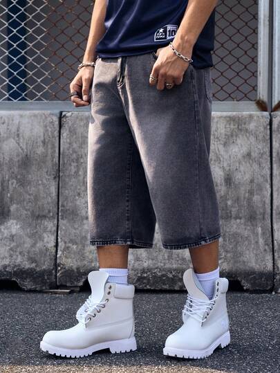 EVRINFINITE Pantalones cortos de mezclilla informales de pierna ancha para uso diario, estilo oversize de mezclilla llana, regalos para esposo o novio, color gris oscuro