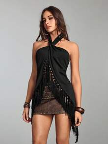 ROMWE Hippie Women's Retro Vacation Boho Halter Neck Tassel Asymmetrical Hem Blouse - Black - View 2