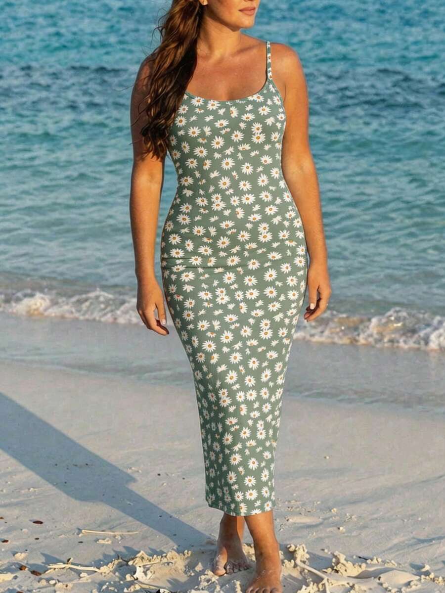 Veykashi Đầm hai dây ôm sát dài, kiểu dáng tối giản, thích hợp cho mùa hè, họa tiết hoa cúc, đầm hè ôm sát màu xanh lá cây, đầm hoa dại, đầm lễ hội. - Nhiều màu - Xem 1
