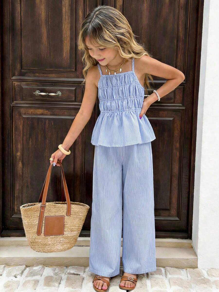 SHEIN Sparklyn Girls Striped Camisole Top And Straight Leg Pants Summer Vacation Outfit - Blue - View 1