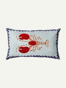 1 Piece, Embroidered Lobster Pillow Cover, Nautical Seaside Decoration, Wavy Lace Cushion Cover, Suitable For Sofa Terrace - Red - View 4