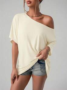 SHEIN ICON Áo thun dáng rộng phong cách đường phố Mỹ, vai lệch, màu đen trơn. - Vàng nhạt - Xem 5