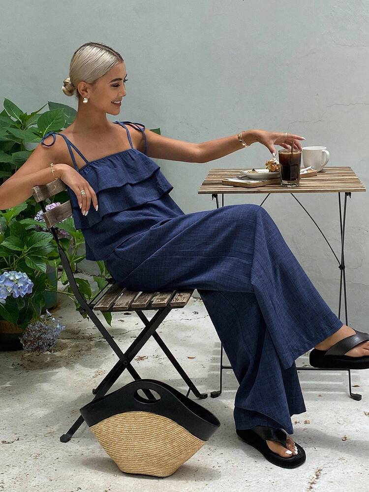 2pcs/Set Women's Fashion Ruffled Crop Camisole Top And High Waist Tie Waist Wide Leg Casual Pants Summer Outfit