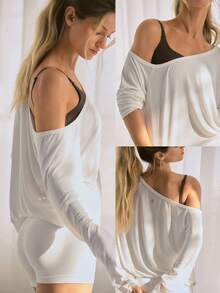 GLOWMODE Áo thun thể thao TENCEL™ Modal Drift Off nhẹ, mềm mại, kiểu dáng bất đối xứng, trễ vai, tay dài, thích hợp cho các hoạt động nhẹ nhàng như yoga, pilates, tập gym, studio và mặc hàng ngày. - trắng - Xem 8