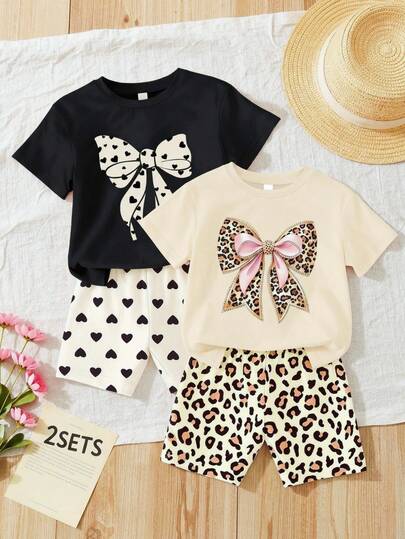 4件套婴儿幼儿男女通用可爱蝴蝶结爱心印花圆领T恤套装，女婴日常基础款服装，夏季
